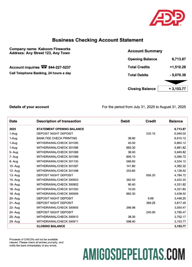 Baixável USA ADP Extrato de conta corporativa modelo Word e PDF